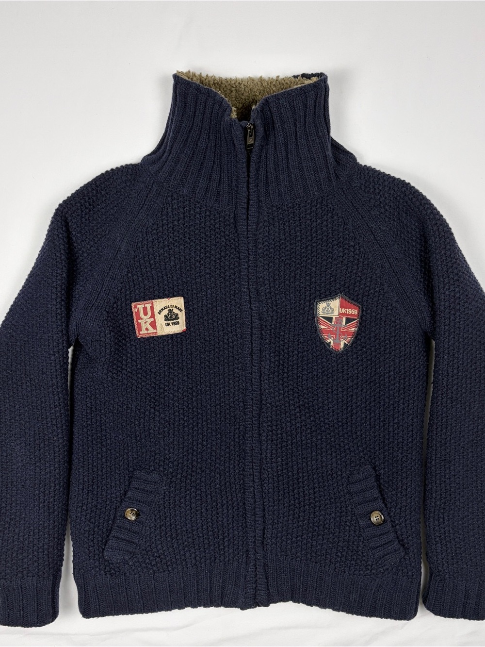 Armata Di Mare Navy Blue Full-Zip Knit Sweater with Sherpa Lining